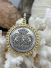 Image of Silver Shield Coin, Shield Pendant with Textured Bezel, 4 Bezel Finishes, Brass coin, Zinc Alloy Bezel with Jump Ring, Fast Ship