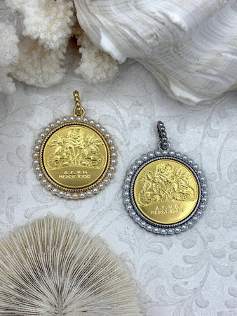 Gold Rose Coin Pendant with Textured Pearl Bezel, Roses Coins with Pearl Bezel, Rose Pendant, Gold or Rhodium Textured Bezel, Fast Ship