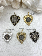 Replica Coin Pendant with Heart Shaped Textured Bezel, 5 bezel colors,Matte Gold, Gold, Burnished Silver, Bronze, and Matte Silver,Fast Ship