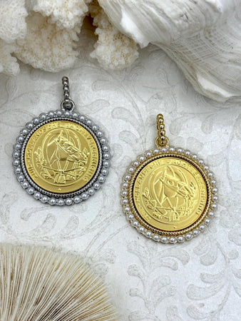 Gold Horse Coin Pendant with Textured Pearl Bezel, Horse Coins with Pearl Bezel, Horse Pendant, Gold or Rhodium Textured Bezel, Fast Ship