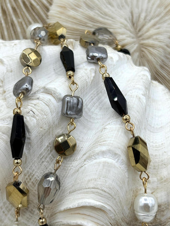 Vintage Glass Pearl & Crystal Mixed Rosary Chain, Grey and White Glass Pearls, Glass Beads, Gold Wire, BBA Original