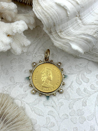 Queen Elizabeth II Coin Pendant, Queen Elizabeth II Coin with Bezel,Royal Coin Pendant,Queen Coin Aqua CZ and Pearl Accents Fast Ship