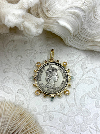 Queen Elizabeth II Coin Pendant, Queen Elizabeth II Coin with Bezel,Royal Coin Pendant,Queen Coin Aqua CZ and Pearl Accents Fast Ship