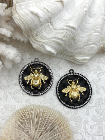 Bumble Bee Pendant with CZ, Round Bee Charm, Bumble Bee Charm, Mixed Metal Bumble Bee, 2 Styles, Zinc Alloy, Cubic Zirconia, Fast Ship