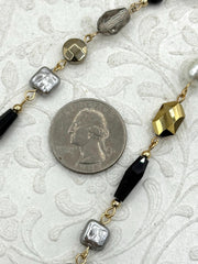 Vintage Glass Pearl & Crystal Mixed Rosary Chain,  Grey and White Glass Pearls, Glass Beads, Gold Wire, BBA Original