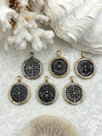 Ancient Greek Reproduction Bee Coin Pendant, Compass Coin, Thistle Coin with bezel. Bee, Compass Pendant, 3 Bezels colors 28mm Fast Ship