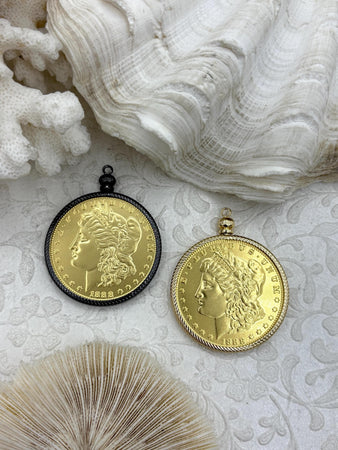 Reproduction Coin Pendant 39mm, Gold Plated Coin. Liberty Coin, Vintage Coin, 2 bezel colors, Gunmetal or Gold. Fast Shipping