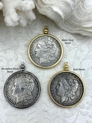 Reproduction Coin Pendant 39mm, Silver Coin with Bezel, Vintage Coin, 3 bezel colors, Gold, Matte Gold, or Burnished Silver. Fast Shipping