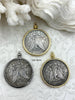 Image of Reproduction Coin Pendant 39mm, Silver Coin with Bezel, Vintage Coin, 3 bezel colors, Gold, Matte Gold, or Burnished Silver. Fast Shipping