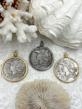 Reproduction French Madagascar Medal Coin Pendant 39mm, Coin Bezel, French coin, Art Deco Coin, Gold or Silver, 3 bezel colors. Fast Ship