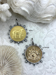 French Coin Pendant, Horse Coin Pendant, French Pendant, Le Monde Coin, Clear Spike & Round Pearl Accents Coin.Fast Ship