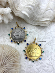 Horse Coin Pendant/Coin, French Coin Pendant, Equestrian Coin, Emerald CZ Spike/Round Blue crystal Accents Fast Ship