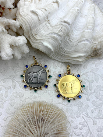Horse Coin Pendant/Coin, French Coin Pendant, Equestrian Coin, Emerald CZ Spike/Round Blue crystal Accents Fast Ship