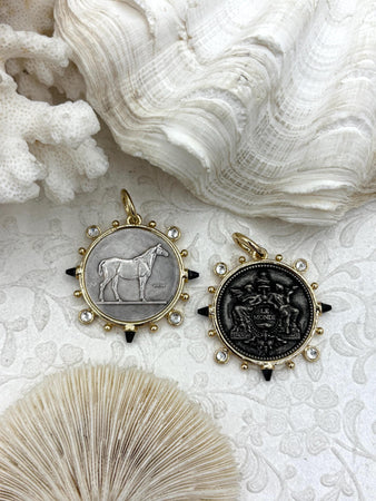 French Coin Pendant, Horse Coin Pendant, French Pendant, French Coin, 2 Styles, Black Spike and Round CZ Accents Coin Fast Ship