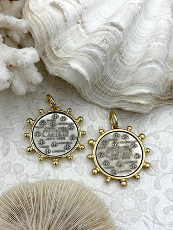 L'abielle Bee Coin Pendant, French Bee Coin with Bezel, Bee Pendant, Silver Coin,2 bezel colors, Fleur De Lis Coin, Fast Ship