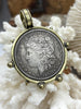 Image of Reproduction Coin Pendant, Silver Morgan Peace Dollar Coin Pendant, Bronze Bezel, Coin Bezel, Vintage Coin Pendant, Silver Coin. Fast Ship