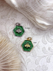 Green Enamel Bee Pendants, Rhodium or Gold Bee Charm, Hexagon Charm w/Green Enamel, Enamel and Plated Brass, Green Bee Charm. Fast Ship.