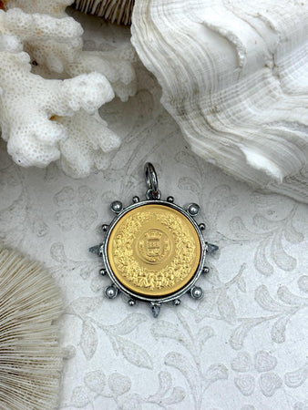 French Horticole De Dison Pendant, Horticole Pendant, French Pendant, Gold Coin, Clear Spike & Round Pearl Accents Coin.Fast Ship