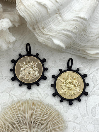 French Coin Pendant, French Angel Life Insurance Replica Coin, Gold or Matte Gold Coin, Matte Black Bezel, French Art Deco Coin, Fast Ship