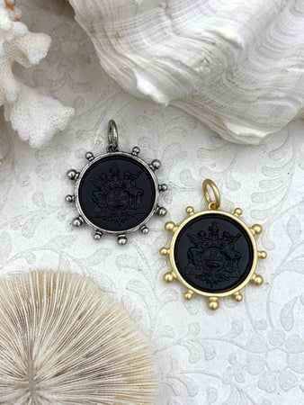 French Coin Pendant, French Angel Life Insurance Replica Coin, Matte Black Coin, 2 bezel colors, French Art Deco Coin, Fast Ship