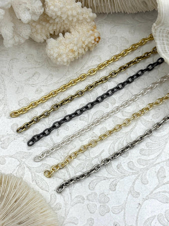 Small Cable Chain Smooth Oval sold by the foot. 3.5mm x 5mm. Wire 1mm. Electroplated base metal, 6 finishes available. Fast ship