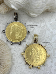 Reproduction Coin Pendant, Morgan Peace Dollar Coin Pendant, Coin Bezel, Vintage Coin Pendant, Gold Coin, 2 bezel colors. Fast Ship