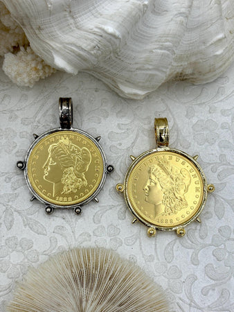 Reproduction Coin Pendant, Morgan Peace Dollar Coin Pendant, Coin Bezel, Vintage Coin Pendant, Gold Coin, 2 bezel colors. Fast Ship