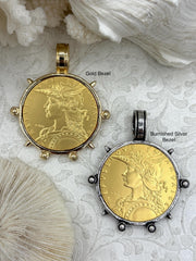 Reproduction French Madagascar Medal Coin Pendant, Coin Bezel, French coin, Art Deco Coin, Gold Coin, 2 bezel colors. Fast Ship
