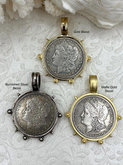 Reproduction Coin Pendant, Morgan Peace Dollar Coin Pendant, Coin Bezel, Vintage Coin Pendant, Silver Coin, 3 bezel colors. Fast Ship