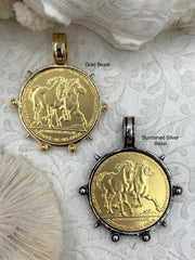 French Horse Coin Pendant, Two Horses on Coin, Burnished Silver or Gold Bezel, Coin Bezel, French coin, Art Deco Coin, Gold Coin. Fast Ship