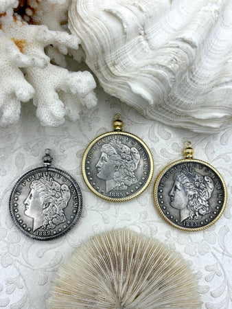 Reproduction Coin Pendant 39mm, Silver Coin with Bezel, Vintage Coin, 3 bezel colors, Gold, Matte Gold, or Burnished Silver. Fast Shipping