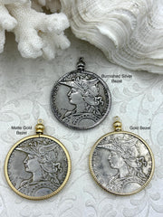 Reproduction French Madagascar Medal Coin Pendant 39mm, Coin Bezel, French coin, Art Deco Coin, Gold or Silver, 3 bezel colors. Fast Ship