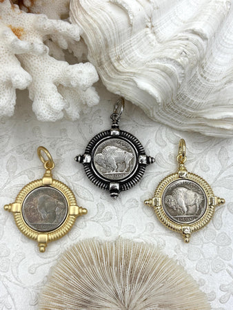 Buffalo Nickel coin Pendant, Reproduction Silver Coin Pendant, Buffalo Nickel Pendant, Buffalo Nickel Coin Charm, 3 bezel colors Fast Ship