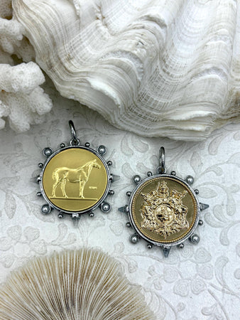 French Coin Pendant, Horse Coin Pendant, French Pendant, Le Monde Coin, Clear Spike & Round Pearl Accents Coin.Fast Ship