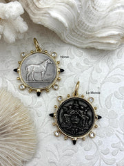 French Coin Pendant, Horse Coin Pendant, French Pendant, French Coin, 2 Styles, Black Spike and Round CZ  Accents Coin Fast Ship