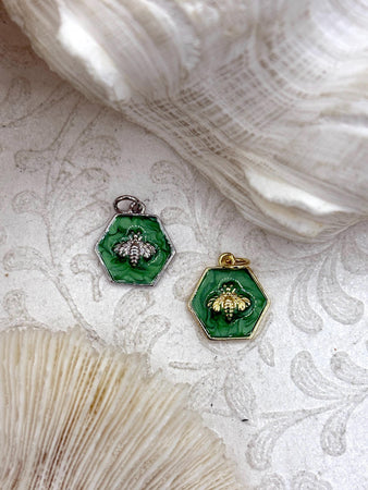 Green Enamel Bee Pendants, Rhodium or Gold Bee Charm, Hexagon Charm w/Green Enamel, Enamel and Plated Brass, Green Bee Charm. Fast Ship.