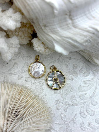 Mother of Pearl Charms, 3 styles, Round, Eiffel Tower, and Cross, French Charms, Religious Charm, Cubic Zirconia, Mother of Pearl, Fast Ship