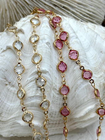 Crystal Coin Shape Rosary Faceted Glass Beads, 2 colors, 6.5mm x 3mm, Beaded Rosary Chain With Gold wire & caps, Sold by the foot, Fast Ship