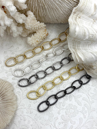 Cable Chain Textured Oval sold by the foot. 20mm x 13mm. Wire 2mm. Electroplated base metal, 5 finishes available. Fast ship