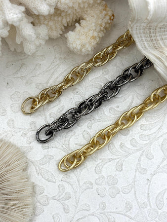 Textured Chunky Triple Link Chain, Multilink Chain Oval, Statement Chain sold by the foot 13mm x 9.4mm. 3 finishes available. Fast Ship
