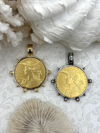 Reproduction French Madagascar Medal Coin Pendant, Coin Bezel, French coin, Art Deco Coin, Gold Coin, 2 bezel colors. Fast Ship