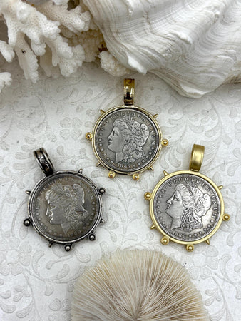 Reproduction Coin Pendant, Morgan Peace Dollar Coin Pendant, Coin Bezel, Vintage Coin Pendant, Silver Coin, 3 bezel colors. Fast Ship