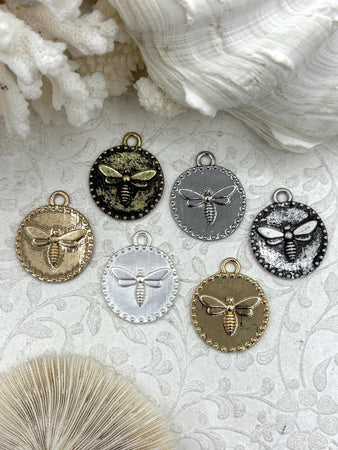 Brass Bee Coin Charm, Bumblebee Charm, Queen Bee Charm, Honey Bee Charm, Bee Pendant, Bee Charm, French Bee Round 28mm 6 Finishes Fast Ship