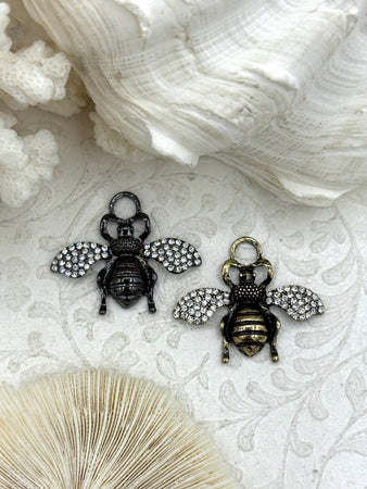 French Bee Charm Pendant CZ Micro PAVE , French Bee Charm, CZ Bee, 33mm x 39mm Bee Charm, Cubic Zirconia Bee Pendant, 2 Finishes Fast Ship