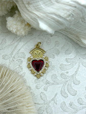 Gold and Red Plated Brass Heart CZ Charms, High Quality Heart Charms, Hand and Heart Red Heart Charms. Fast Ship