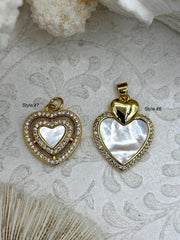 Mother of Pearl Heart CZ Charms, 2 styles, Gold Plated Brass Heart Charms, MOP Charms, Cubic Zirconia, Brass Mother of Pearl, Fast Ship