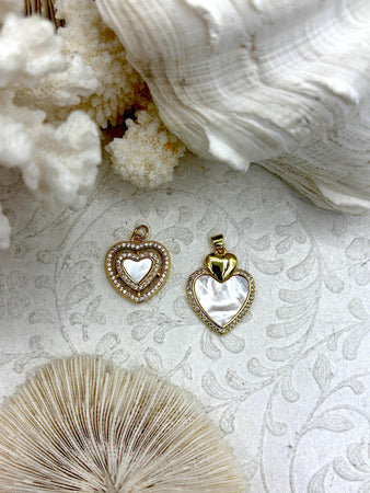 Mother of Pearl Heart CZ Charms, 2 styles, Gold Plated Brass Heart Charms, MOP Charms, Cubic Zirconia, Brass Mother of Pearl, Fast Ship