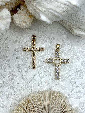Gold Cross Charms with Cubic Zirconia, Gold Religious Cross, Brass Cross Charm, Gold Cross Pendant with clear CZ, 2 styles, Fast Ship