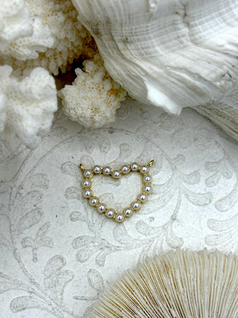 Heart Charms with Pearls, Gold Heart Charms, Plated Brass Heart Charms with Pearls, Large Gold Heart with Pearls. Fast Ship