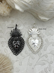 Sacred Heart Pendant, Sacred Heart Charm, Love Charm, Religious Charm 2 finishes, 40mm x 24mm, 2mm thick, Plated Zinc Alloy Heart, Fast Ship